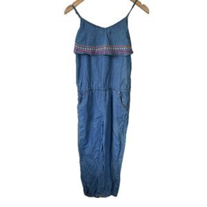 NWT Roxy Girl Chambray Embroidered Trim Side Pockets Elastic Waist Jumpsuit 14